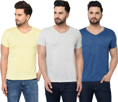 JB Jagoboy Solid Men V Neck White, Blue, Yellow T-Shirt