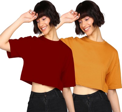 Adyavastram Solid Women Round Neck Maroon, Yellow T-Shirt