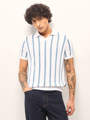 THE BEAR HOUSE Striped Men Polo Neck Blue T-Shirt