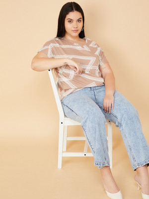 MAX Printed Women Round Neck Brown T-Shirt