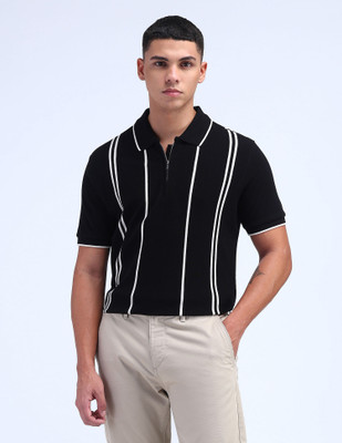 FLYING MACHINE Striped Men Polo Neck Black T-Shirt
