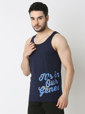 UnderJeans by Spykar Printed Men Round Neck Navy Blue T-Shirt