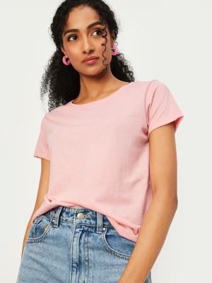 MAX Solid Women Round Neck Pink T-Shirt