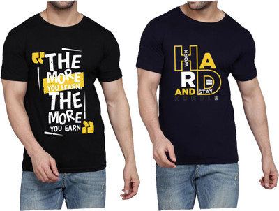 WOOSTRO Printed Men Round Neck Black, Dark Blue T-Shirt