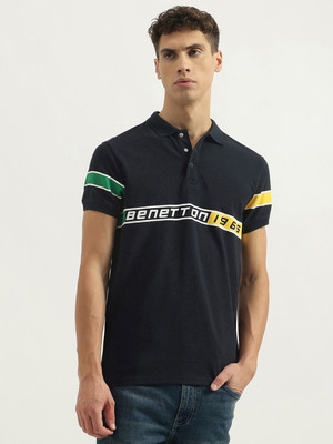 United Colors of Benetton Printed Men Polo Neck Blue T-Shirt