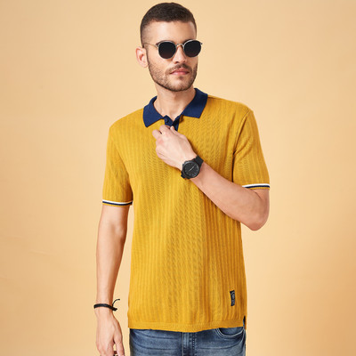 PEOPLE Self Design Men Polo Neck Yellow T-Shirt