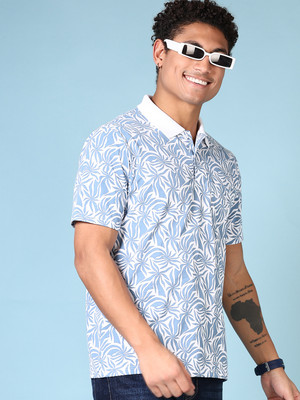V-MART Printed Men Polo Neck White T-Shirt