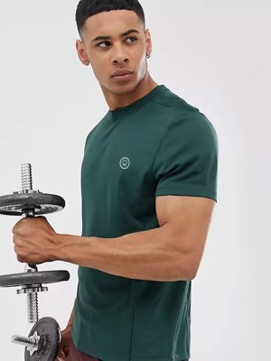 CHKOKKO Solid Men Round Neck Dark Green T-Shirt