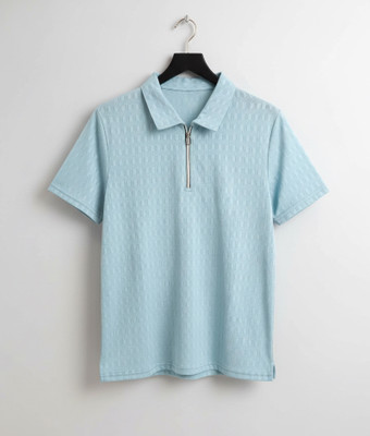 KEOTI Self Design Men Polo Neck Light Blue T-Shirt