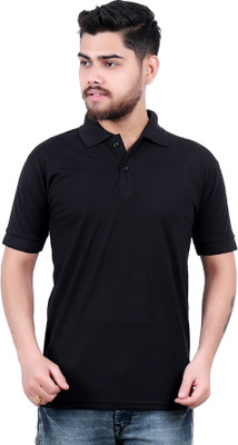 SQS Solid Men Polo Neck Black T-Shirt