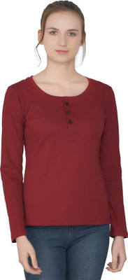 Trendfull Solid Women Henley Neck Maroon T-Shirt