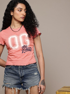 Roadster Printed Women Round Neck Pink T-Shirt