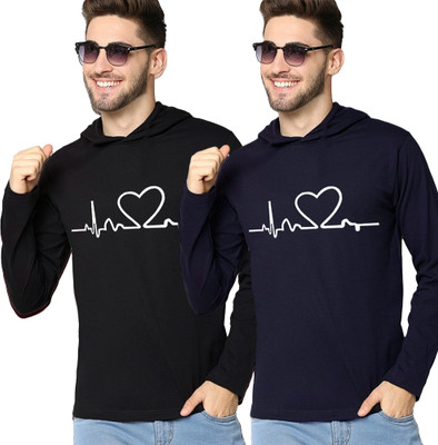 Azy Fabrics Typography Men Hooded Neck Navy Blue, Black T-Shirt
