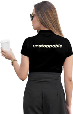 Fighterhero Printed Women Polo Neck Black T-Shirt