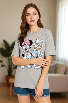 Elvia Graphic Print Women Round Neck Grey T-Shirt