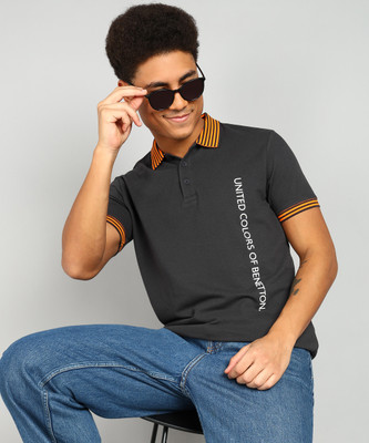 United Colors of Benetton Solid Men Polo Neck Grey T-Shirt
