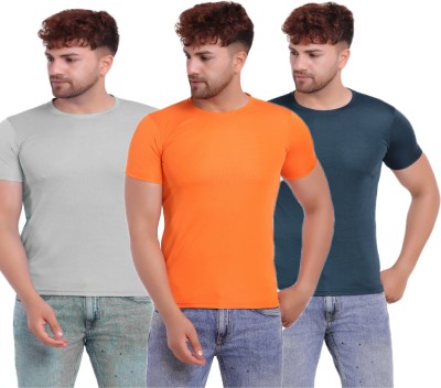 KASPY Solid Men Round Neck Dark Blue, Orange, Grey T-Shirt