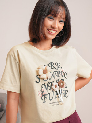 Tokyo Talkies Printed Women Round Neck Beige T-Shirt