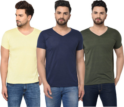 JB Jangoboy Solid Men V Neck Dark Blue, Dark Green, Yellow T-Shirt