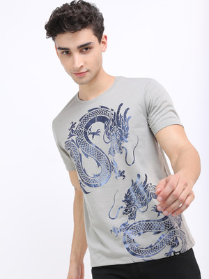 HIGHLANDER Printed Men Round Neck Grey T-Shirt