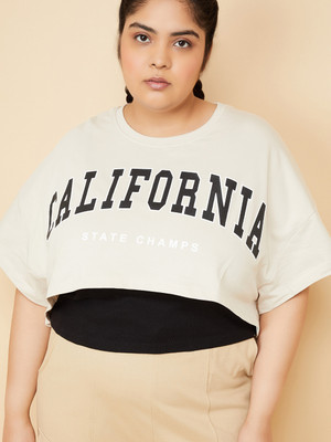 MAX Printed Women Round Neck Beige T-Shirt