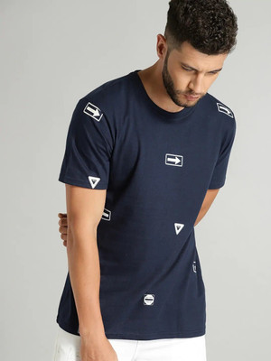 Axxitude Printed Men Round Neck Dark Blue T-Shirt