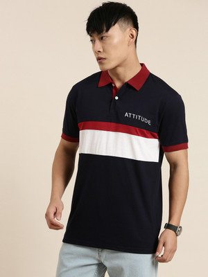 Broon Colorblock Men Polo Neck Dark Blue T-Shirt