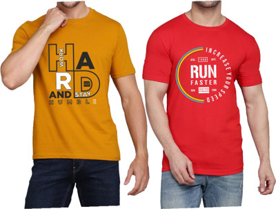 WOOSTRO Printed Men Round Neck Red, Yellow T-Shirt