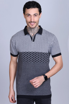 DZANT Polka Print Men Polo Neck Black T-Shirt