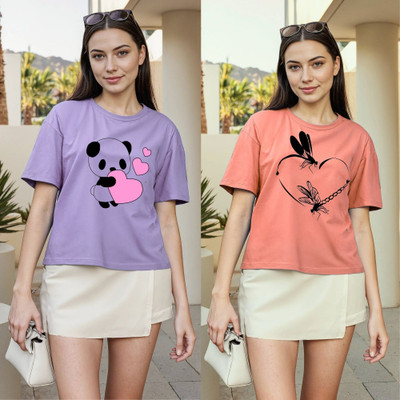 Herway Printed Women Round Neck Purple, Pink T-Shirt