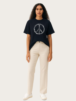 Peach Blossom Self Design Women Round Neck Blue T-Shirt