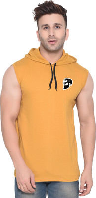 GEUM Printed Men Hooded Neck Gold T-Shirt