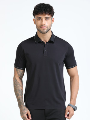 Cool Colors Solid Men Polo Neck Black T-Shirt