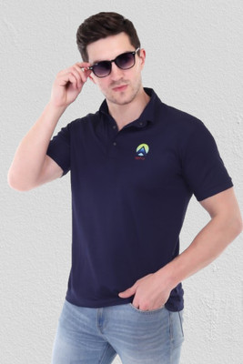 Treasurelook Solid Men Polo Neck Navy Blue T-Shirt