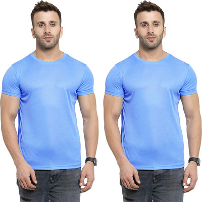 Renowned Solid Men Round Neck Light Blue T-Shirt