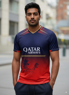 PRASEL Printed Men V Neck Red, Blue T-Shirt