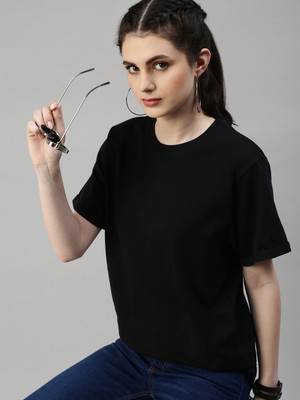 Kryptic Solid Women Round Neck Black T-Shirt