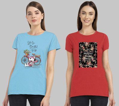 CHOZI Printed Women Round Neck Light Blue, Red T-Shirt