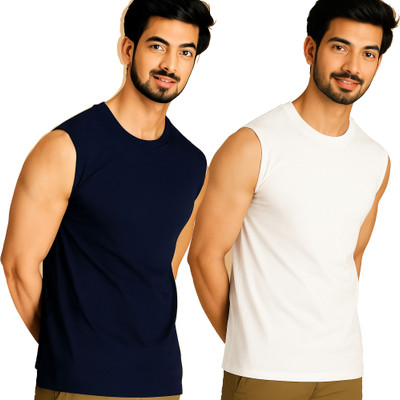 Jangoboy Solid Men Round Neck Dark Blue, White T-Shirt