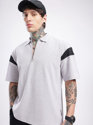 Glitchez Self Design Men Polo Neck Grey T-Shirt
