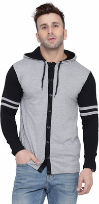 GEUM Colorblock Men Hooded Neck Black, Grey T-Shirt