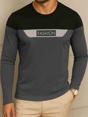 Try This Colorblock Men Round Neck Grey T-Shirt