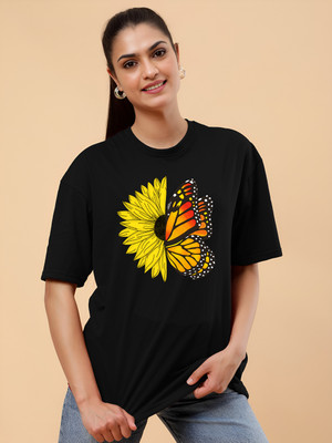 TQH Printed Women Round Neck Black T-Shirt