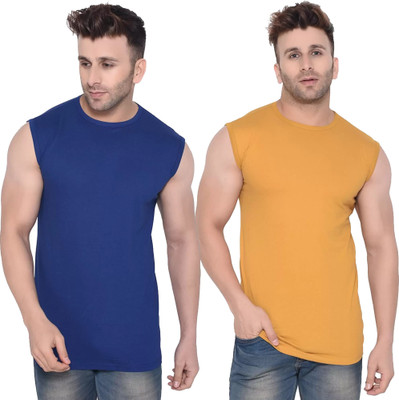 Moordale Fab Solid Men Round Neck Dark Blue, Yellow T-Shirt