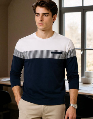Autna Colorblock Men Round Neck Navy Blue T-Shirt