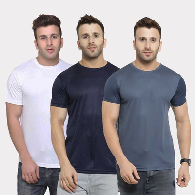 TQH Solid Men Round Neck Dark Blue, White, Grey T-Shirt