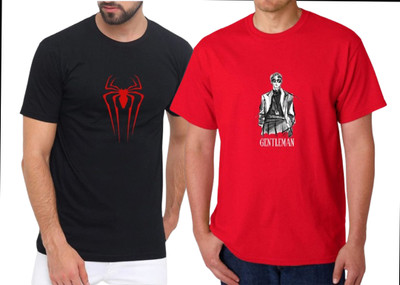 KNETLY Printed Men Round Neck Black, Red T-Shirt