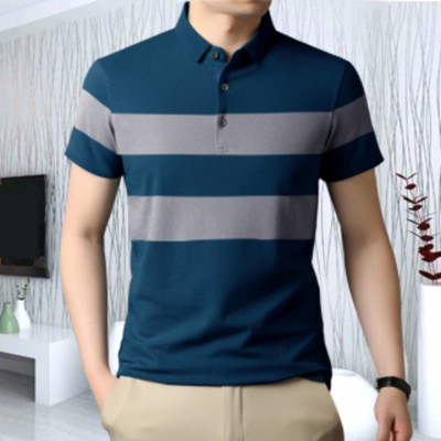 lamate fashion Striped Men Polo Neck Blue, Grey T-Shirt