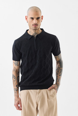 Snitch Self Design Men Polo Neck Black T-Shirt