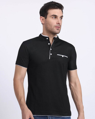 BRIGHT KRAFT Solid Men Mandarin Collar Black T-Shirt